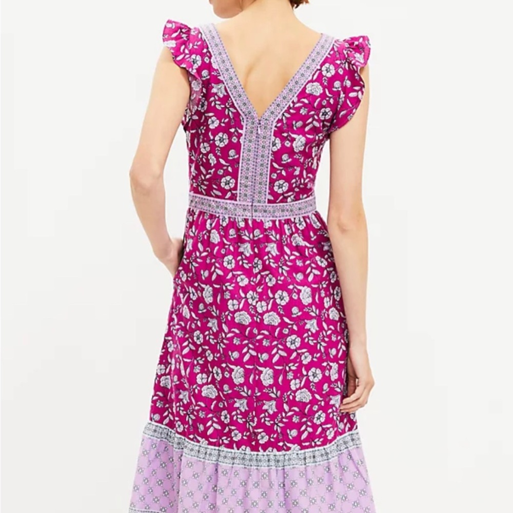 LOFT Magenta Floral Midi Dress with Lavender Trim